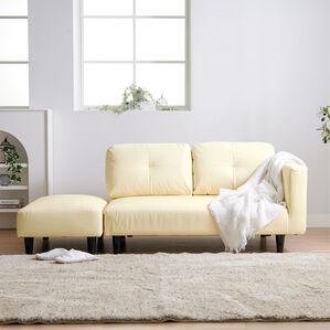 iellio（イエリオ）の「オットマン付カジュアルカウチソファ＜ソファベッド・ソファーベッド・２人掛け・３人掛け・カウチソファー・ローソファ＞（ソファ）」｜アイボリーレザー調