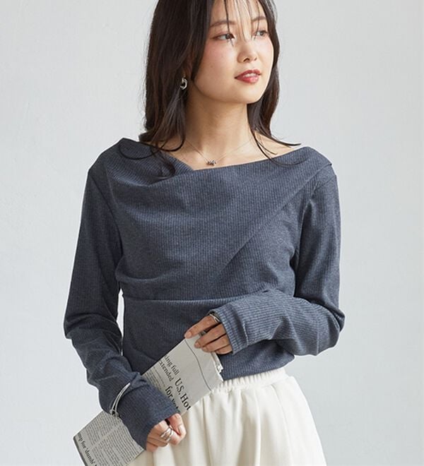 RANAN（ラナン）の「【新色追加】上品ドレープリブロングＴシャツ（カットソー）」｜チャコールグレー