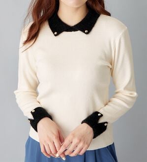 alotta（アロッタ）の「洗える！もっちりタッチ衿付フェザー切替配色ニット（ニット・セーター）」｜アイボリー