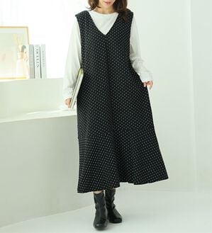 A HAPPY MARILYN（アハッピーマリリン）の「【Ｌ～８Ｌ／選べる丈】【２点セット】スポッと着られる！長袖トップス&times;ジャンスカ（アンサンブル）」｜ブラックドット