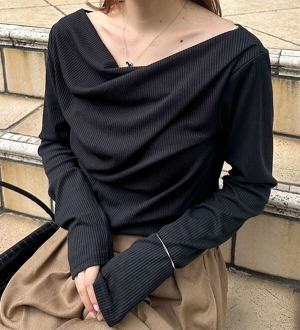 RANAN（ラナン）の「【春色追加】上品ドレープリブロングＴシャツ（カットソー）」｜詳細画像