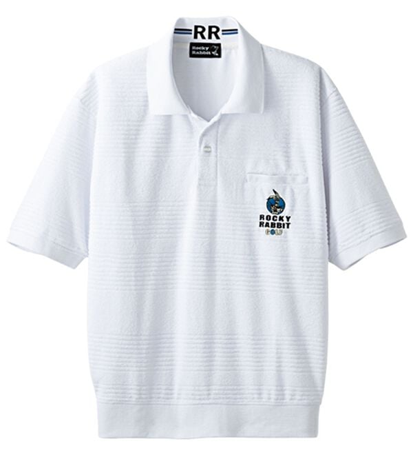 「＜ロッキーラビット＞パイルボーダーポロシャツ（メンズポロシャツ）」｜ホワイト