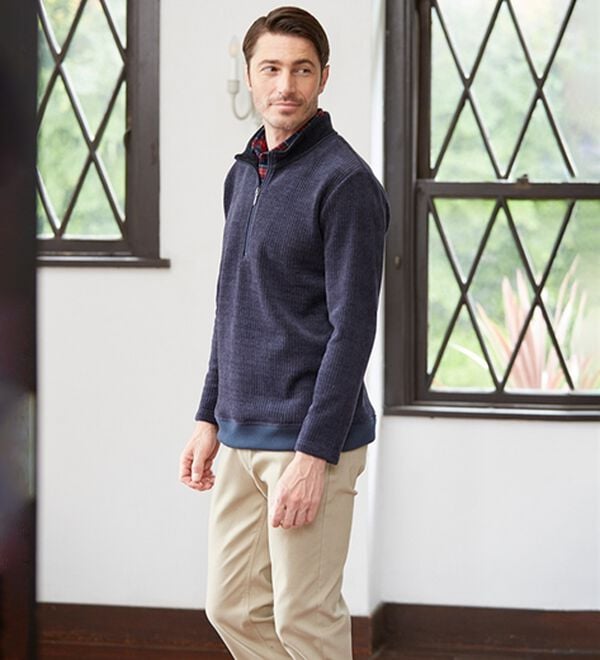 「裏ベロアのお洒落なダブル衿ハーフジップトレーナー（メンズカットソー）」｜詳細画像