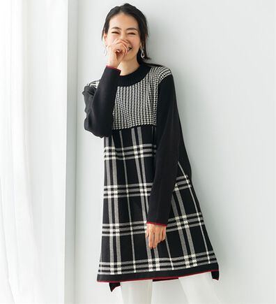 BELLUNA（ベルーナ）の「千鳥柄ブロックチェック使いニットチュニックワンピース（チュニックワンピース）」