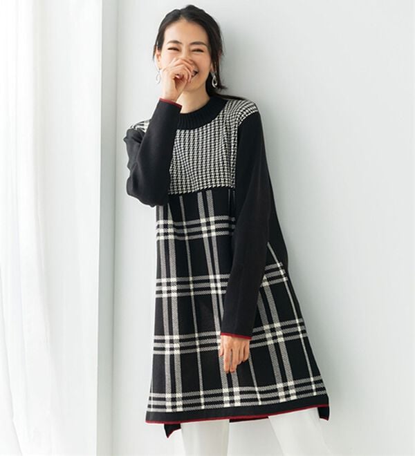 BELLUNA（ベルーナ）の「千鳥柄ブロックチェック使いニットチュニックワンピース（カットソー）」｜モノトーン系