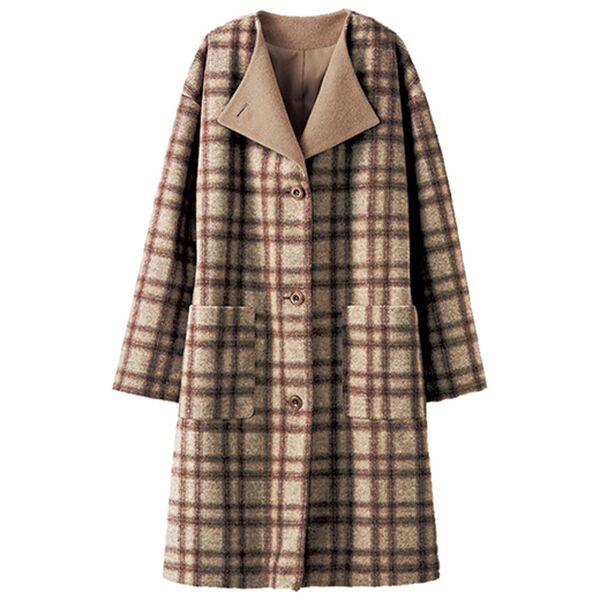 BELLUNA（ベルーナ）の「配色デザインウール調素材ノーカラーコート（ロングコート）」｜詳細画像