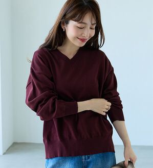 BELLUNA（ベルーナ）の「【快適Ｌａｂ．】スウェットライクＶネックニットプルオーバー（ニット・セーター）」｜ワイン