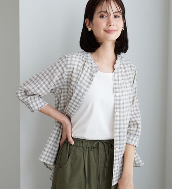 BELLUNA（ベルーナ）の「【お気軽シャツ】ぽこぽこ素材衿＆袖フリルデザインブラウス（ブラウス）」｜詳細画像