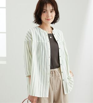 BELLUNA（ベルーナ）の「ダブルガーゼ素材切替デザインブラウス（ブラウス）」｜グリーンストライプ