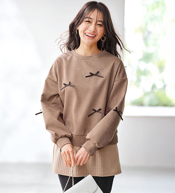 BELLUNA（ベルーナ）の「スエード調リボンモチーフチュニック（チュニック）」｜ベージュ系