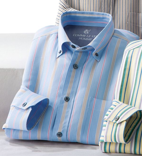 「＜コムルヴァン・オム＞毎日快適ソフトオックスシャツ（メンズシャツ）」｜サックスストライプ
