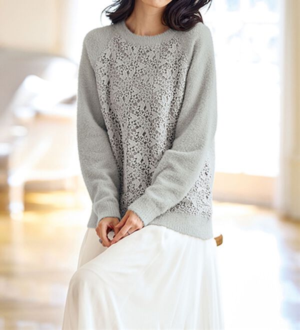 BELLUNA（ベルーナ）の「ふんわり可愛い花柄レースのシャギーセーター（ニット・セーター）」｜詳細画像