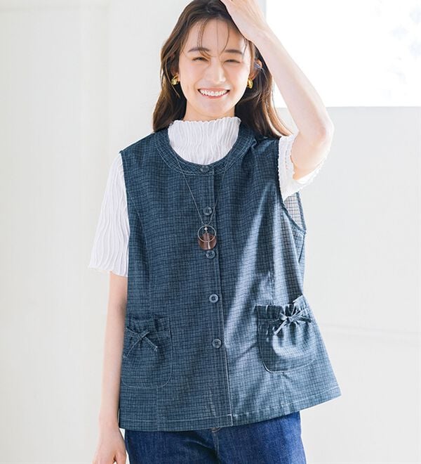 ルフラン（ルフラン）の「リボンポケットの裏チェックベスト（ベスト）」｜詳細画像