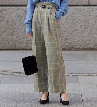 RANAN（ラナン）の「チェック柄細ベルトワイドパンツ（フルレングスパンツ）」