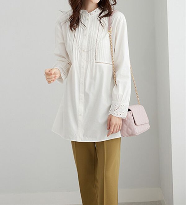 BELLUNA（ベルーナ）の「上品に着映える！衿＆袖レース切替シャツチュニック（チュニック）」｜詳細画像