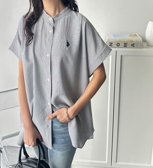 GeeRA（ジーラ）の「【ＵＳ．ＰＯＬＯ．ＡＳＳＮ】ポコポコ素材フレンチスリーブシャツ（シャツ）」｜ネイビー系ストライプ