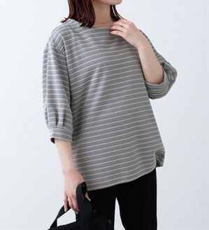 BELLUNA（ベルーナ）の「リップルボーダー袖タックプルオーバー（カットソー）」｜グレー&times;オフ白