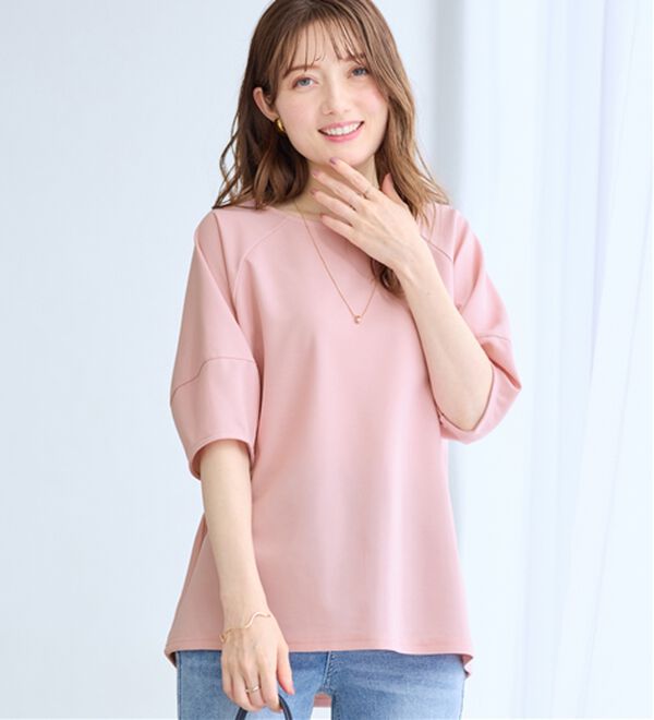 alotta（アロッタ）の「【接触冷感】さらっと上品ランタンスリーブカットソー（カットソー）」｜ピンク／５分丈