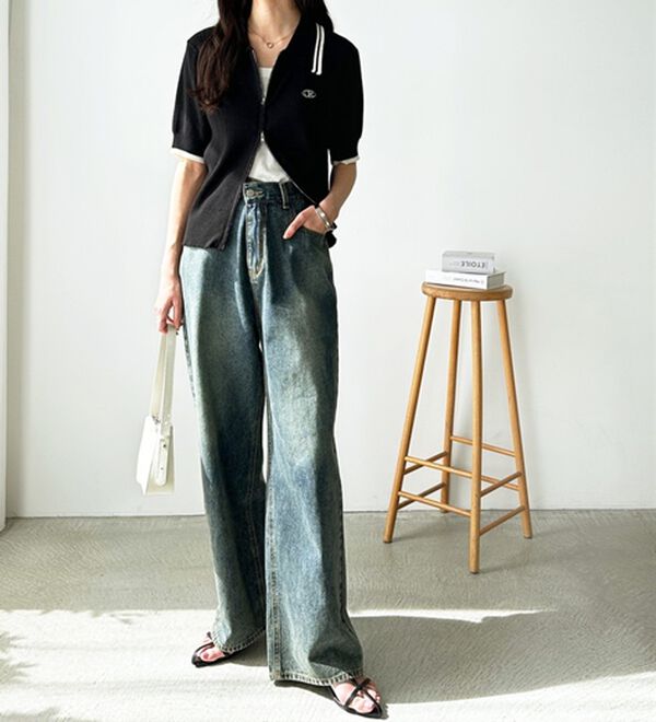 GeeRA（ジーラ）の「美脚見え！２ボタンウエストワイドデニムパンツ（フルレングスパンツ）」｜詳細画像