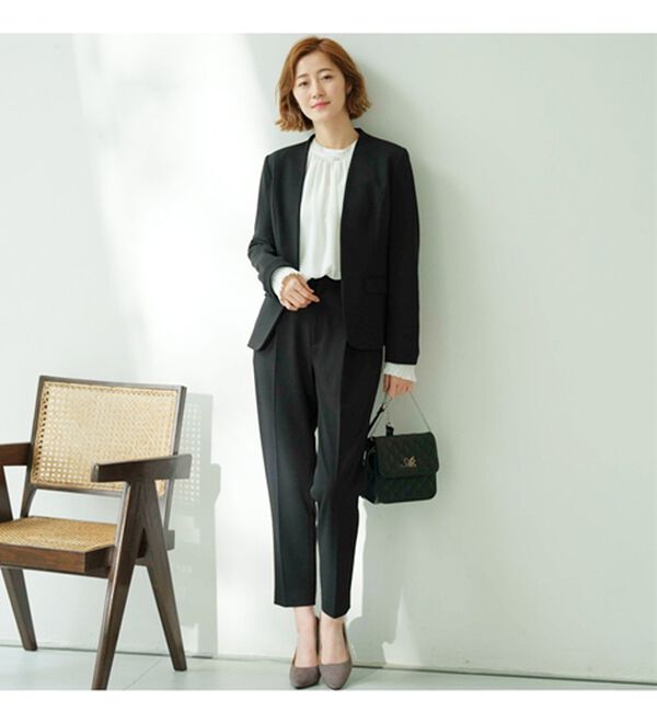 GeeRA（ジーラ）の「【ジャケット+パンツ】洗濯機で洗えるのびのび！ストレッチカットソーセットアップスーツ（パンツスーツ）」｜詳細画像