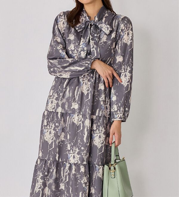 コルコバード♡2way ロングワンピース ベルトリボン ボウタイ 花柄 パープル 1枚で決まる】2WAYボウタイ付ワンピース - ベルーナ【公式】