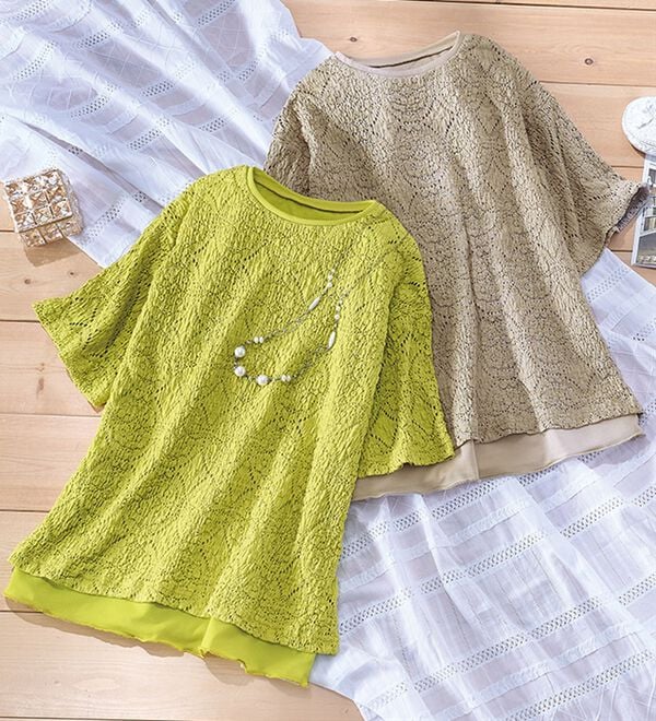 LAVIENNE（ラヴィエンヌ）の「【２色組】のび～るレースの技ありＴシャツ（カットソー）」｜詳細画像