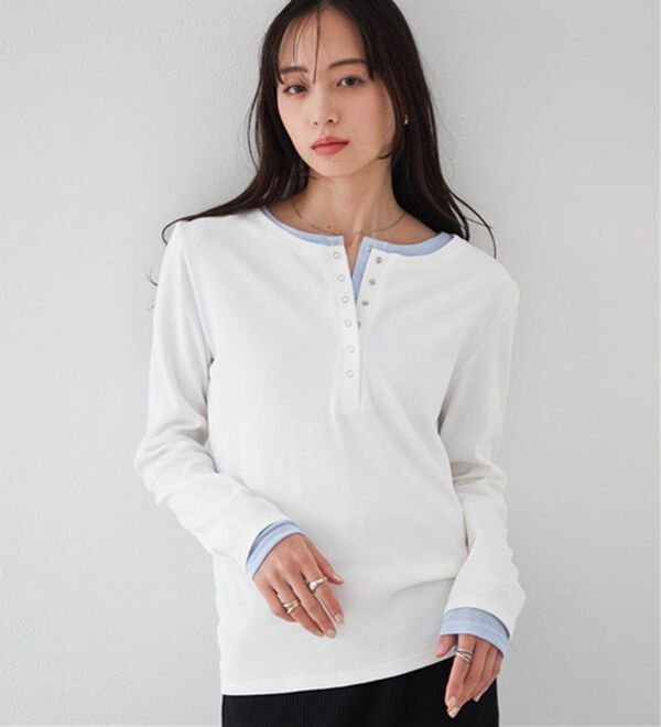 RANAN（ラナン）の「レイヤードヘンリーネックリブTシャツ（カットソー）」｜ホワイト系