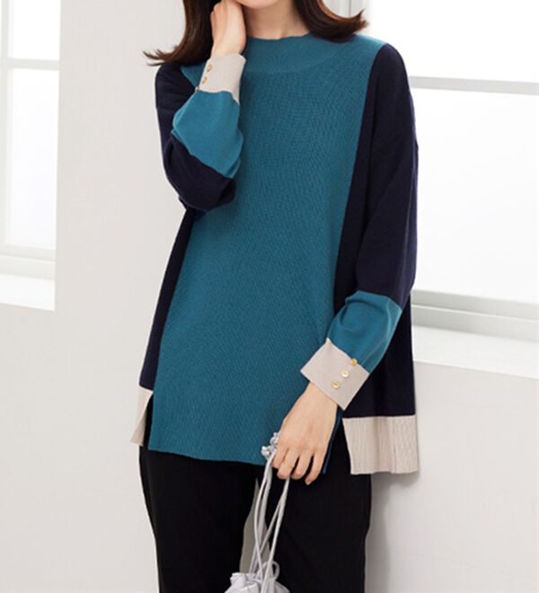 BELLUNA（ベルーナ）の「配色デザイン編地切替ニットプルオーバー（ニット・セーター）」｜詳細画像
