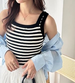 GeeRA（ジーラ）の「２ＷＡＹ配色ニットタンクトップ（ニット・セーター）」｜オフホワイト／ブラックボーダー