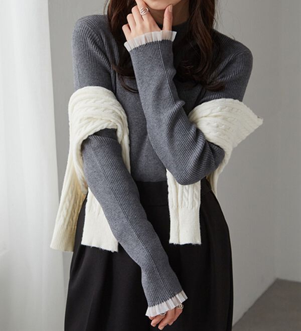 RANAN（ラナン）の「【春色追加】シアーフリル袖ハイネックリブニット（ニット・セーター）」｜詳細画像