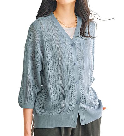 BELLUNA（ベルーナ）の「麻タッチ透かし編５分袖ニットカーディガン（ニットカーディガン）」