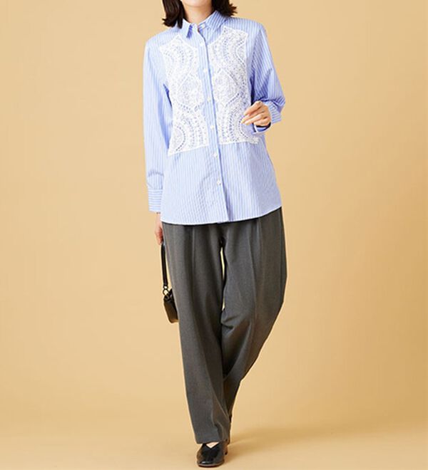 BELLUNA（ベルーナ）の「【Ｌａｇｒｉｌｕａ】レース使いストライプシャツチュニック（チュニック）」｜詳細画像