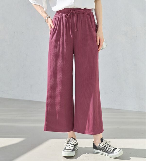 alotta（アロッタ）の「【選べる丈】のびのびストレッチリブワイドパンツ（クロップドパンツ）」｜ラズベリー クロップド丈