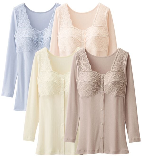 「【４色組】脱ぎ着が簡単！綿混前あきブラキャミ（肌着・インナーウェア）」｜8分袖