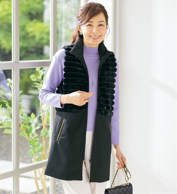 ルフラン（ルフラン）の「フェイクファー切替えロングベスト（ベスト）」｜黒