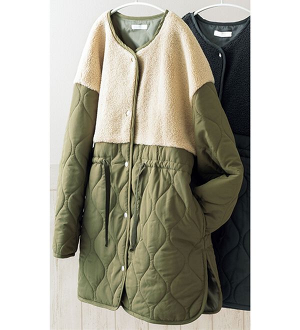 ルフラン（ルフラン）の「ボアキルト使い異素材コート（ロングコート）」｜ベージュ／カーキ