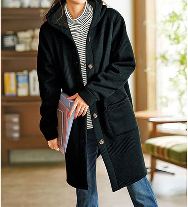 BELLUNA（ベルーナ）の「ボーダージャカード裏ボアカーディガン（ロングコート）」｜黒