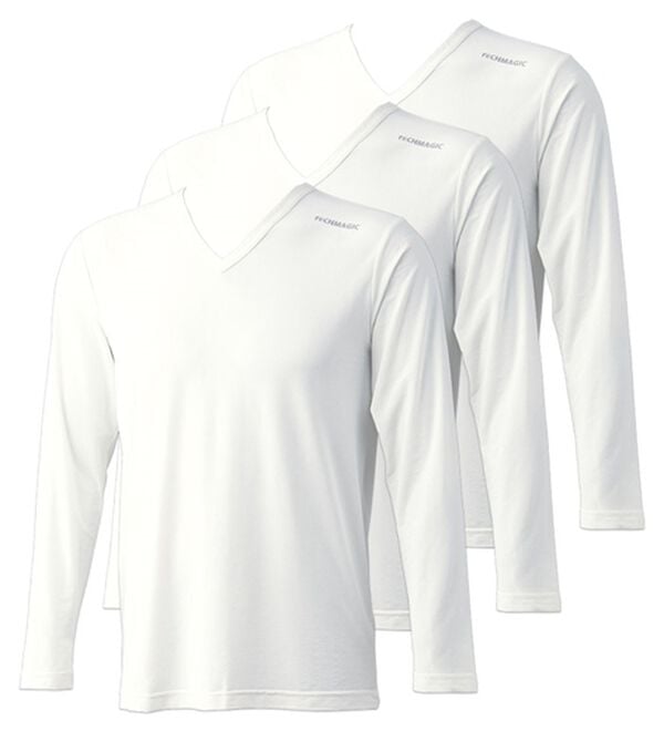 「【３枚組】テックマジック（Ｒ）魔法の冷感インナー３枚組スプレー付（メンズ肌着・インナーウェア）」｜ホワイト 長袖V首