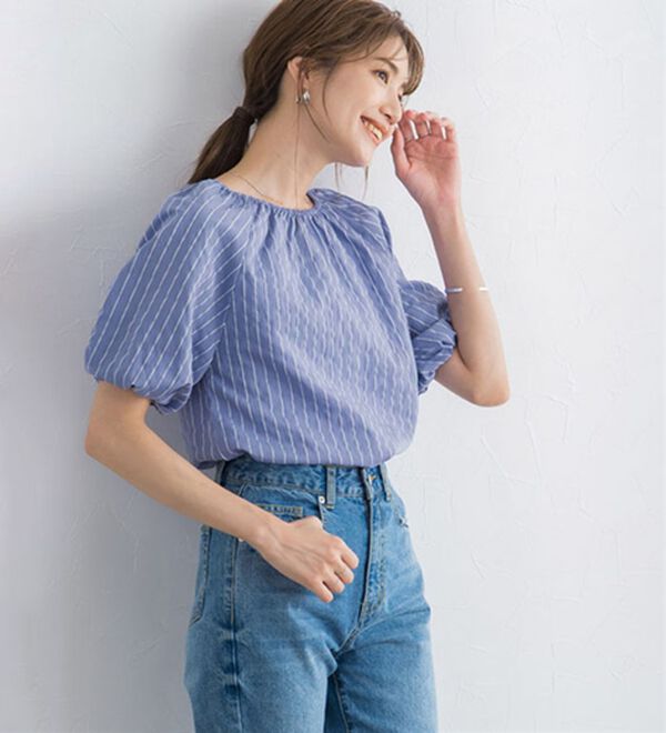 Pierrot（ピエロ）の「ストライプギャザーブラウス（ブラウス）」｜詳細画像