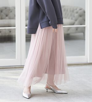 RANAN（ラナン）の「ふわっと可愛いフリルギャザーチュールスカート（ロングスカート）」｜ピンクグレー