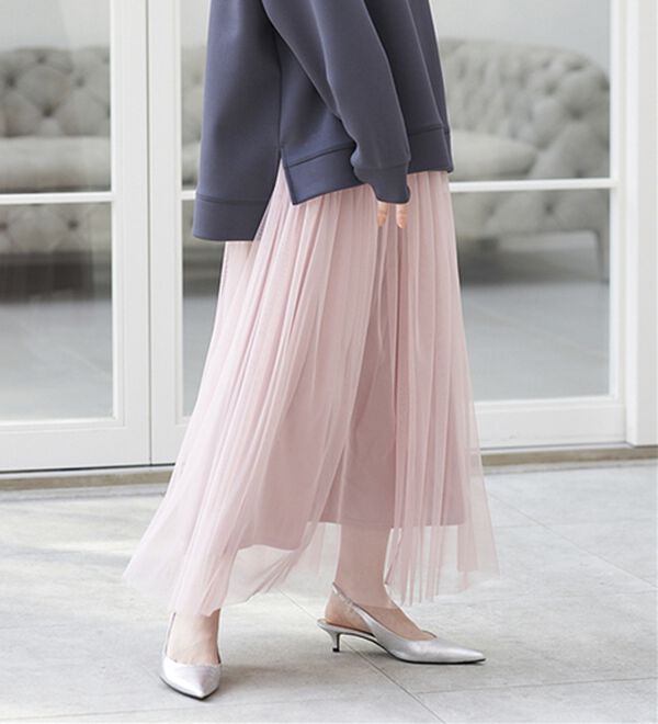 RANAN（ラナン）の「ふわっと可愛いフリルギャザーチュールスカート（ロングスカート）」｜ピンクグレー