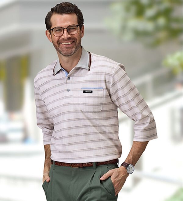 「＜ダンロップ・リファインド＞吸汗速乾チェック柄７分袖ポロシャツ（メンズポロシャツ）」｜詳細画像