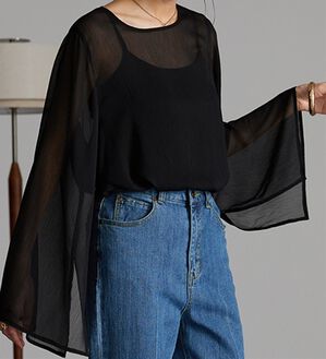 RANAN（ラナン）の「フレア袖スリットシアーブラウス（ブラウス）」｜ブラック