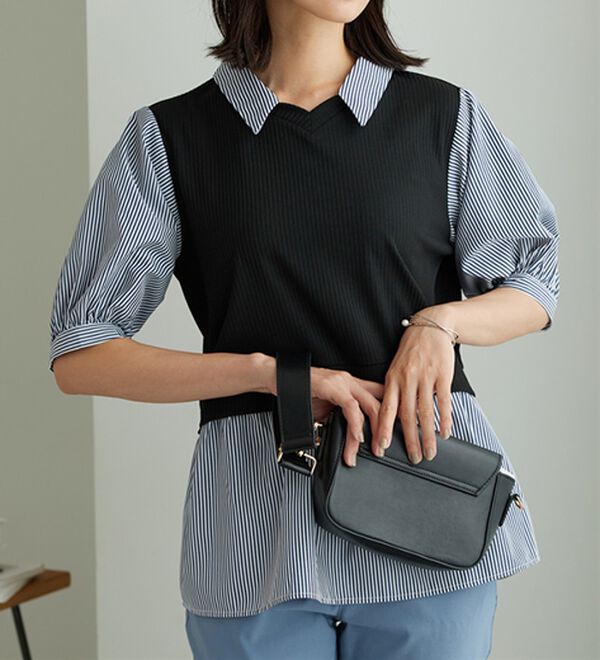 BELLUNA（ベルーナ）の「衿付きVネック異素材切替チュニック（チュニック）」｜黒&times;ストライプ