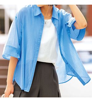 BELLUNA（ベルーナ）の「楊柳コットン袖ボタンデザインシャツ（シャツ）」｜ブルー