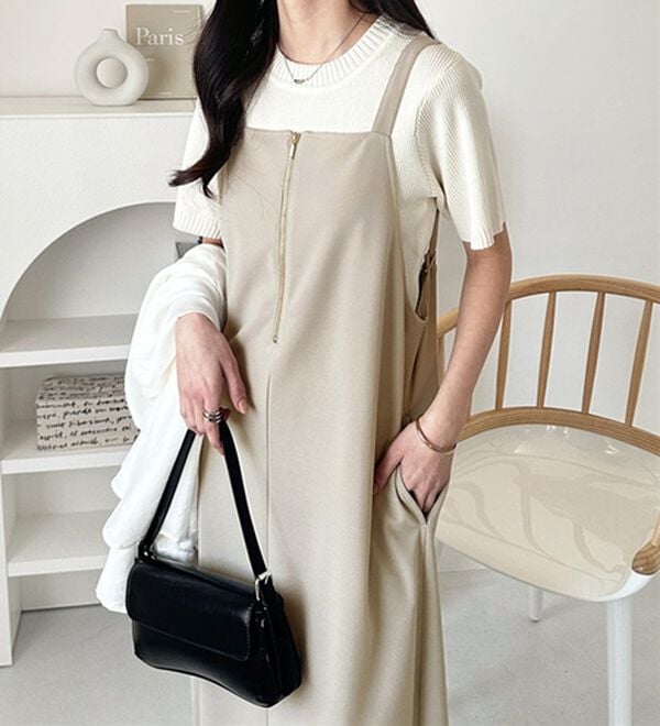 GeeRA（ジーラ）の「ハーフジップキャミワンピース（カットソーワンピース）」｜ベージュ