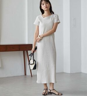 RANAN（ラナン）の「アシメネックハーフスリーブリブワンピース（その他ワンピース）」｜オートミール