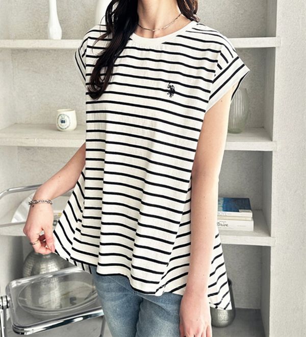 GeeRA（ジーラ）の「【ＵＳ．ＰＯＬＯ．ＡＳＳＮ】接触冷感フレンチスリーブＴシャツ（Tシャツ）」｜オフ白系ボーダー