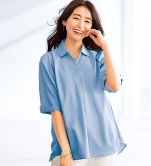 BELLUNA（ベルーナ）の「麻調素材袖ボタン使いブラウス（ブラウス）」｜ブルー