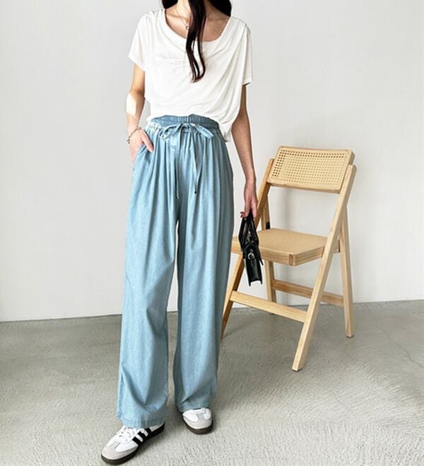 GeeRA（ジーラ）の「【接触冷感】穿いて感激！キレイ見えする楽ちんワイドデニムパンツ（ワイドパンツ・ガウチョ）」｜詳細画像